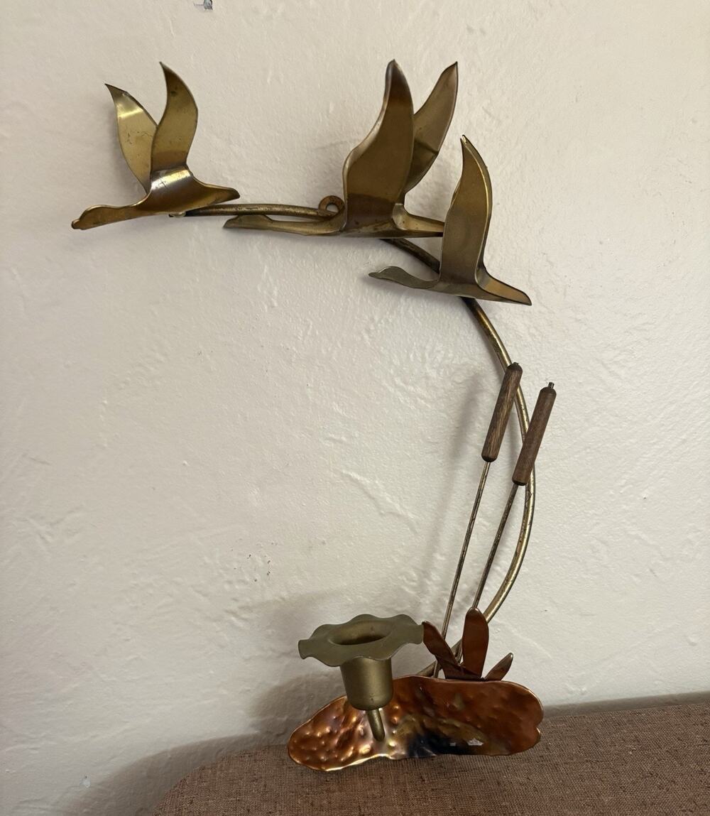 Vintage MCM Brass & Copper Art Birds Wall Sconce Candle Holder BIRDS IN FLIGHT